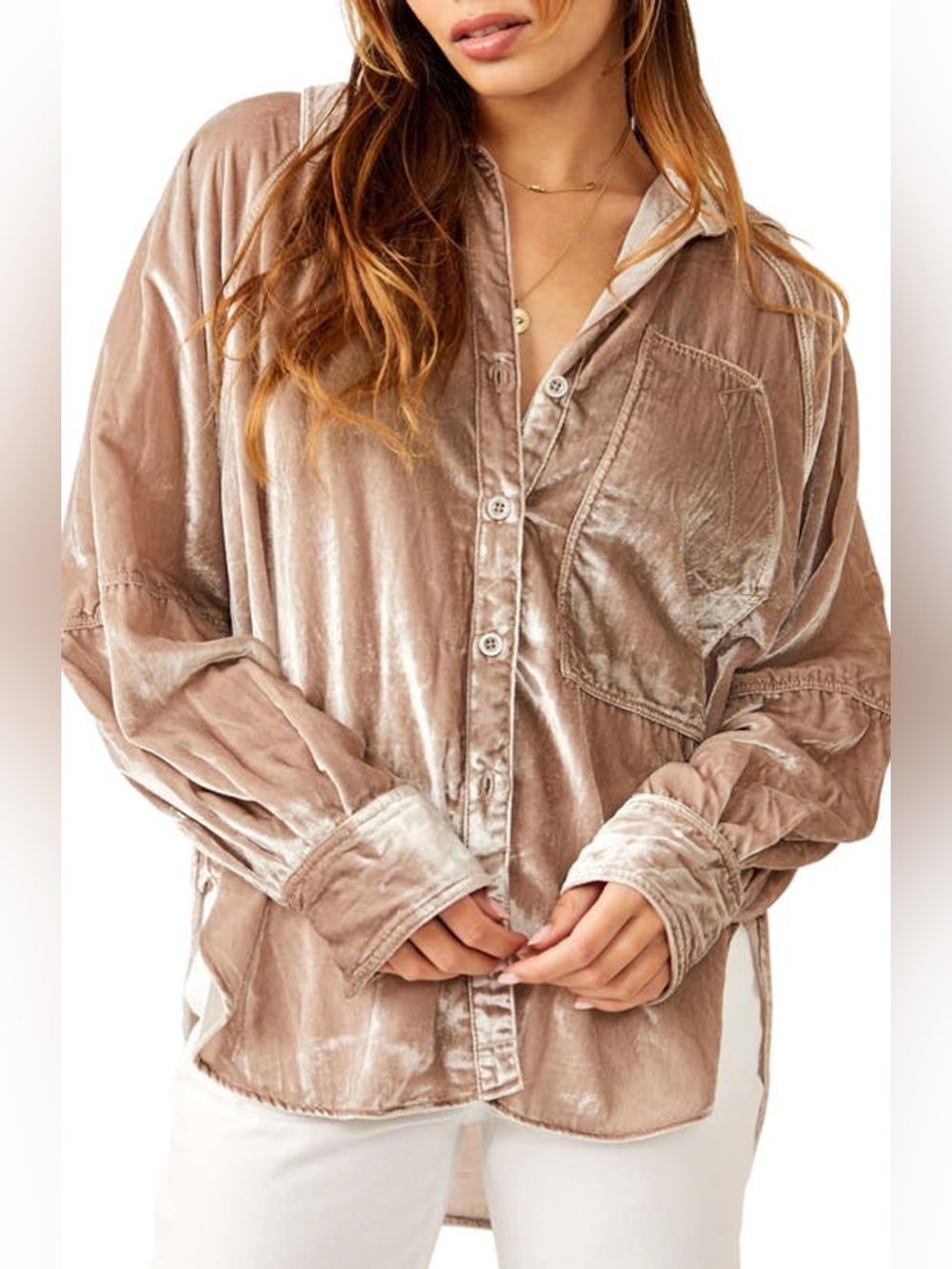 Free People Night Skies Velvet Oversized Button Up Shirt Tan Champagne Medium